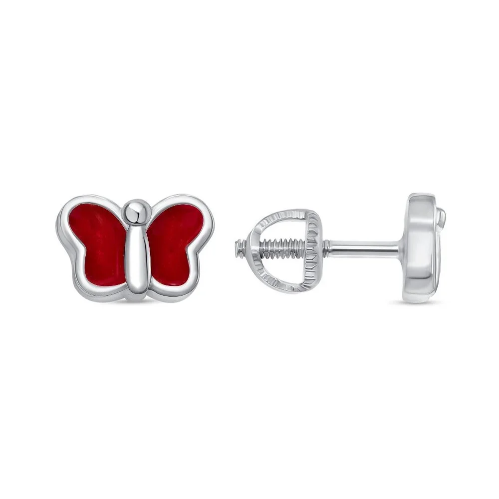 STERLING SILVER 925 RED ENAMELED BUTTERFLY KIDS SCREW STUD EARRINGS